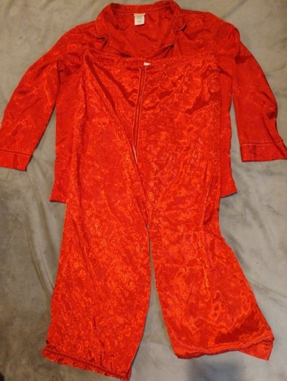 George Red Satin Floral Jacquard Pajama Set - Top 2X Pants 1X